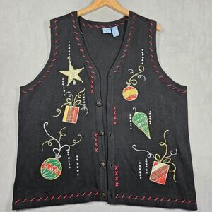 VTG Christmas Sweater Vest Womens 2X Holiday Editions Sequins Presents Ornaments